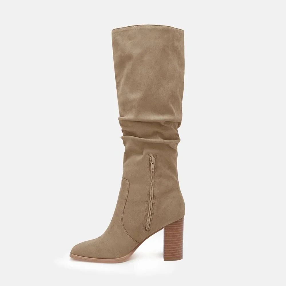 Women's Khaki Chunky High Heel Square Zipper Wide Calf Knee High Boots